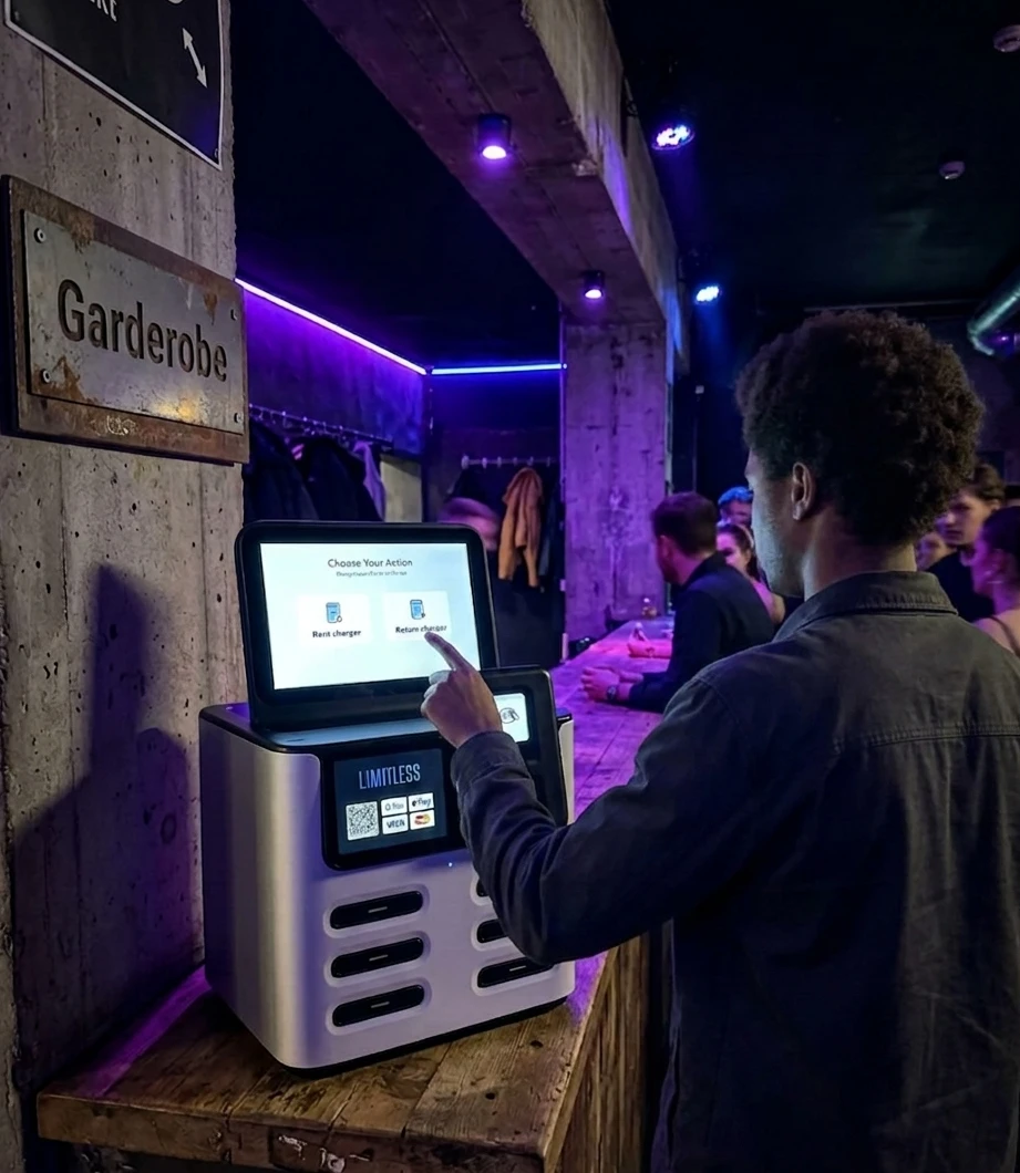 Gast bedient an einer Powerbank-Sharing-Station in einer Bar das Touchscreen-Display zur Ausleihe
