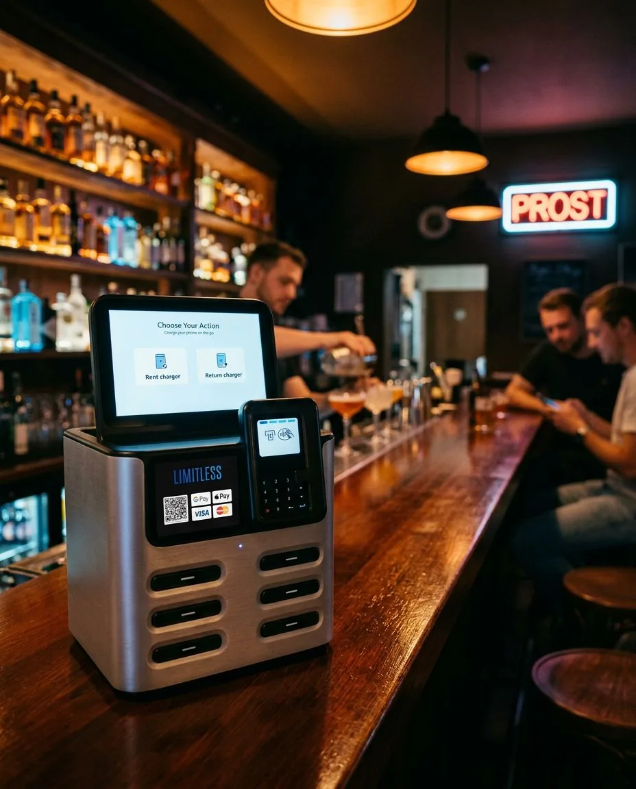 Limitless Powerbank-Sharing-Station auf dem Tresen einer klassischen Bar, im Hintergrund ein Barkeeper und ein Leuchtschild mit der Aufschrift Prost