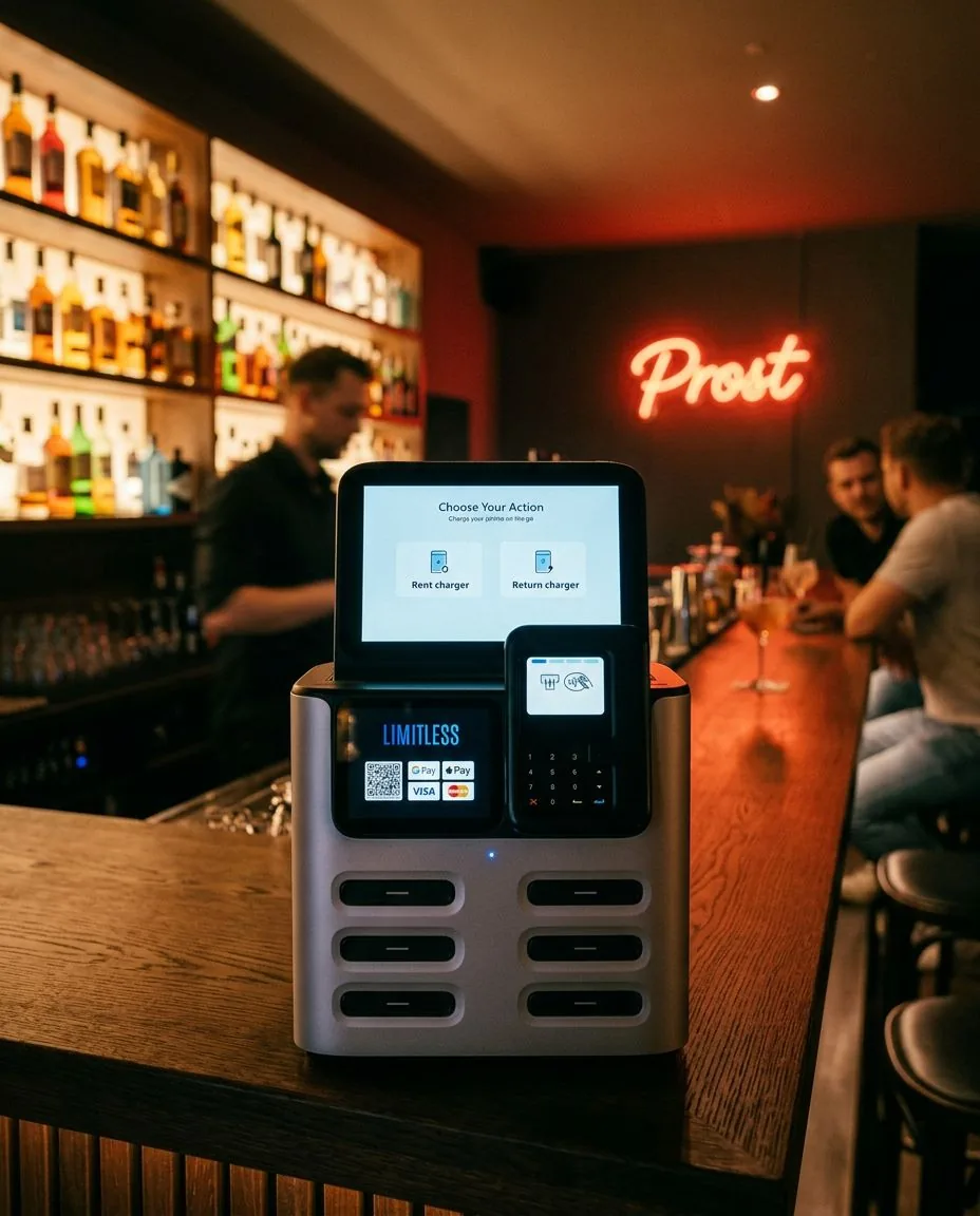Limitless Powerbank-Sharing-Station auf dem Tresen einer stimmungsvoll beleuchteten Bar, im Hintergrund Gäste und ein Prost-Neonschild