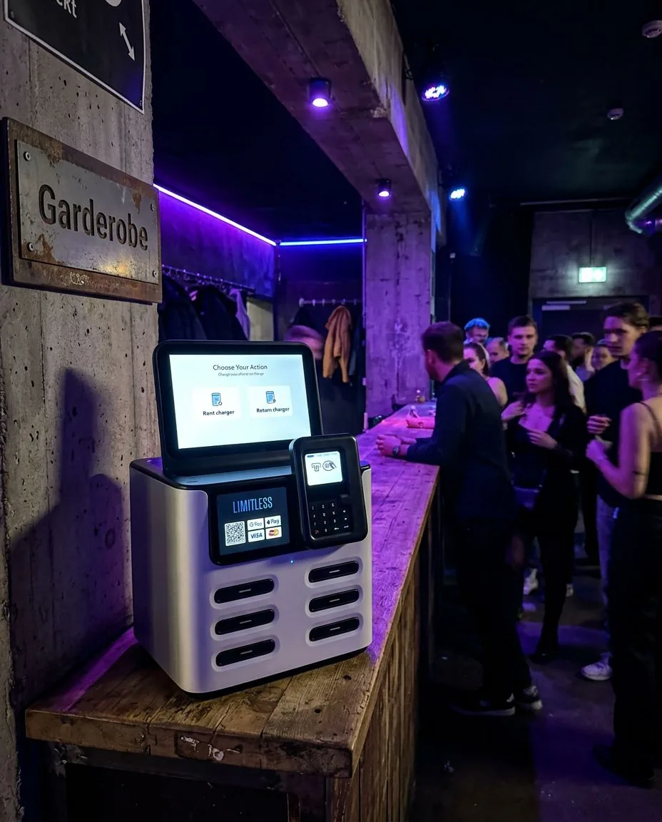 Limitless Powerbank-Sharing-Station an der Bar eines gut besuchten Clubs, im Hintergrund Gäste an der Theke