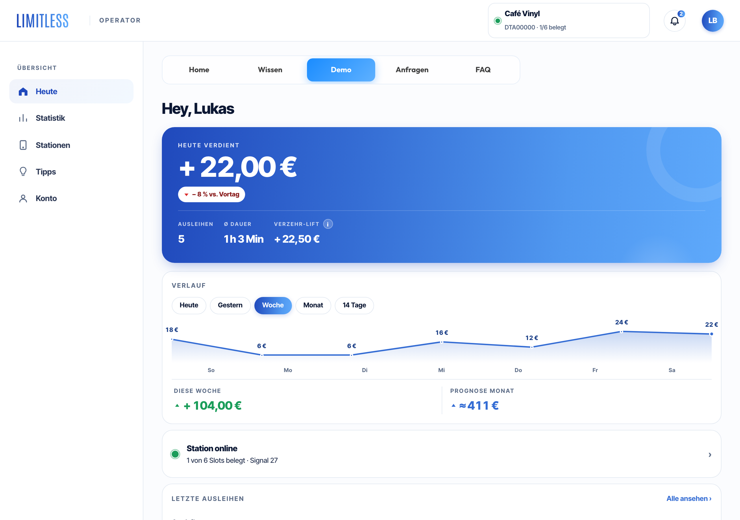 Operator-App Demo-Dashboard mit Live-Umsatz und Statistik