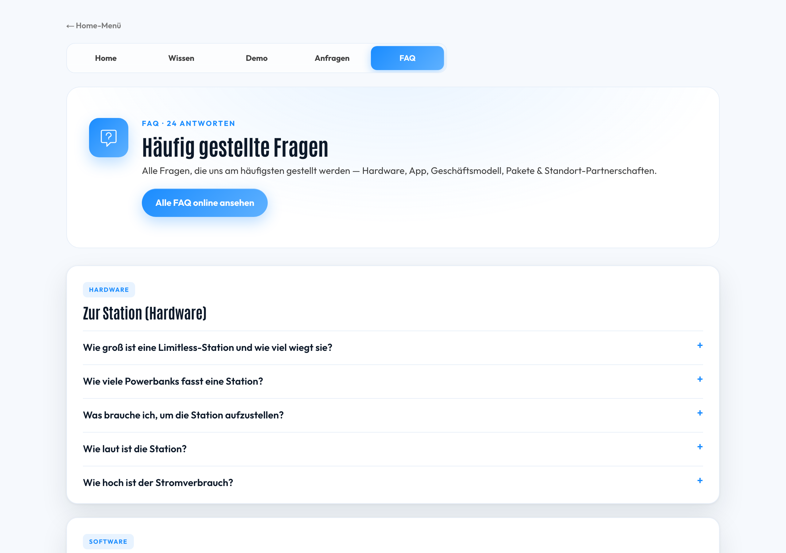 FAQ-Bereich mit über 20 Antworten