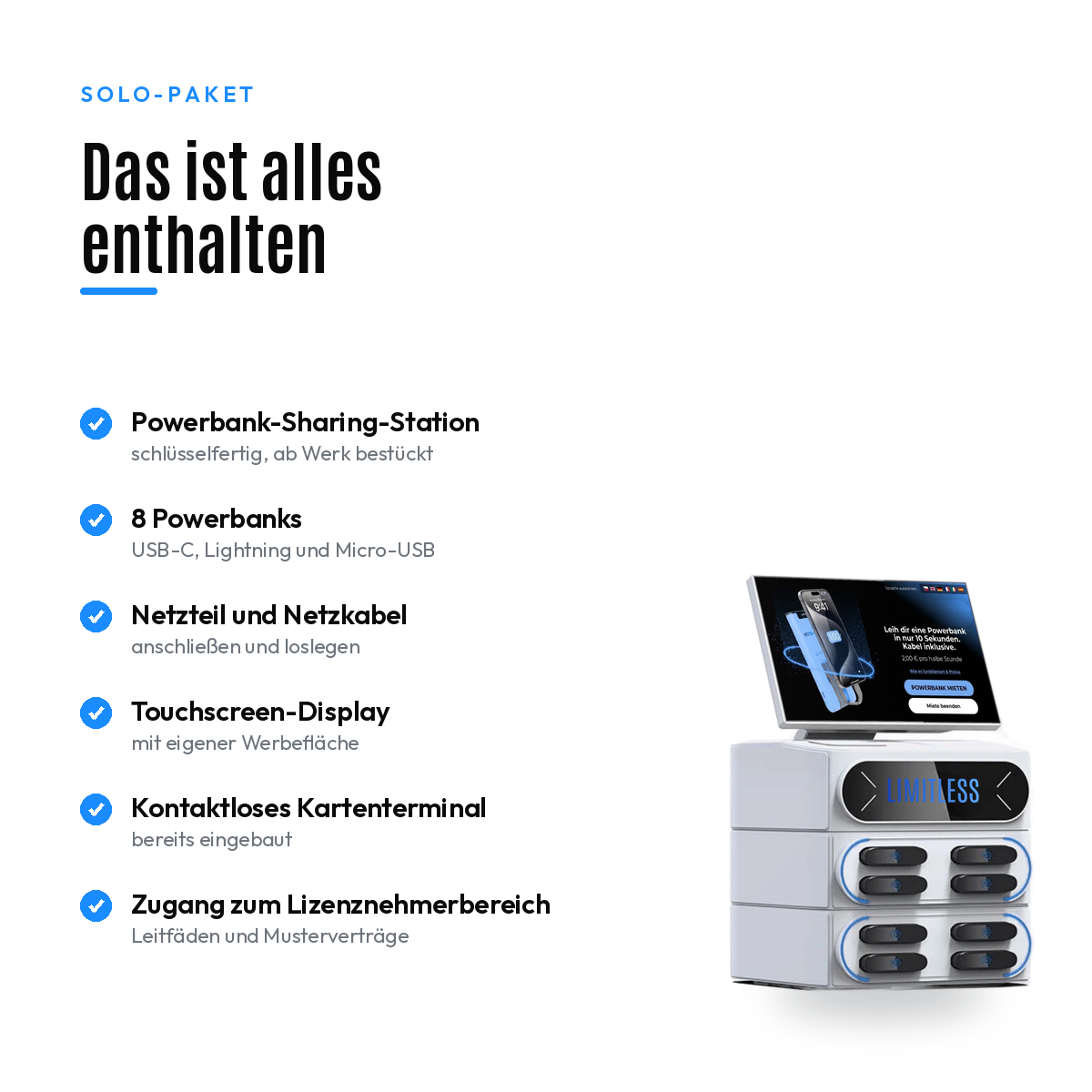 Lieferumfang des Solo-Pakets: Station, Powerbanks, Netzteil und Zugänge
