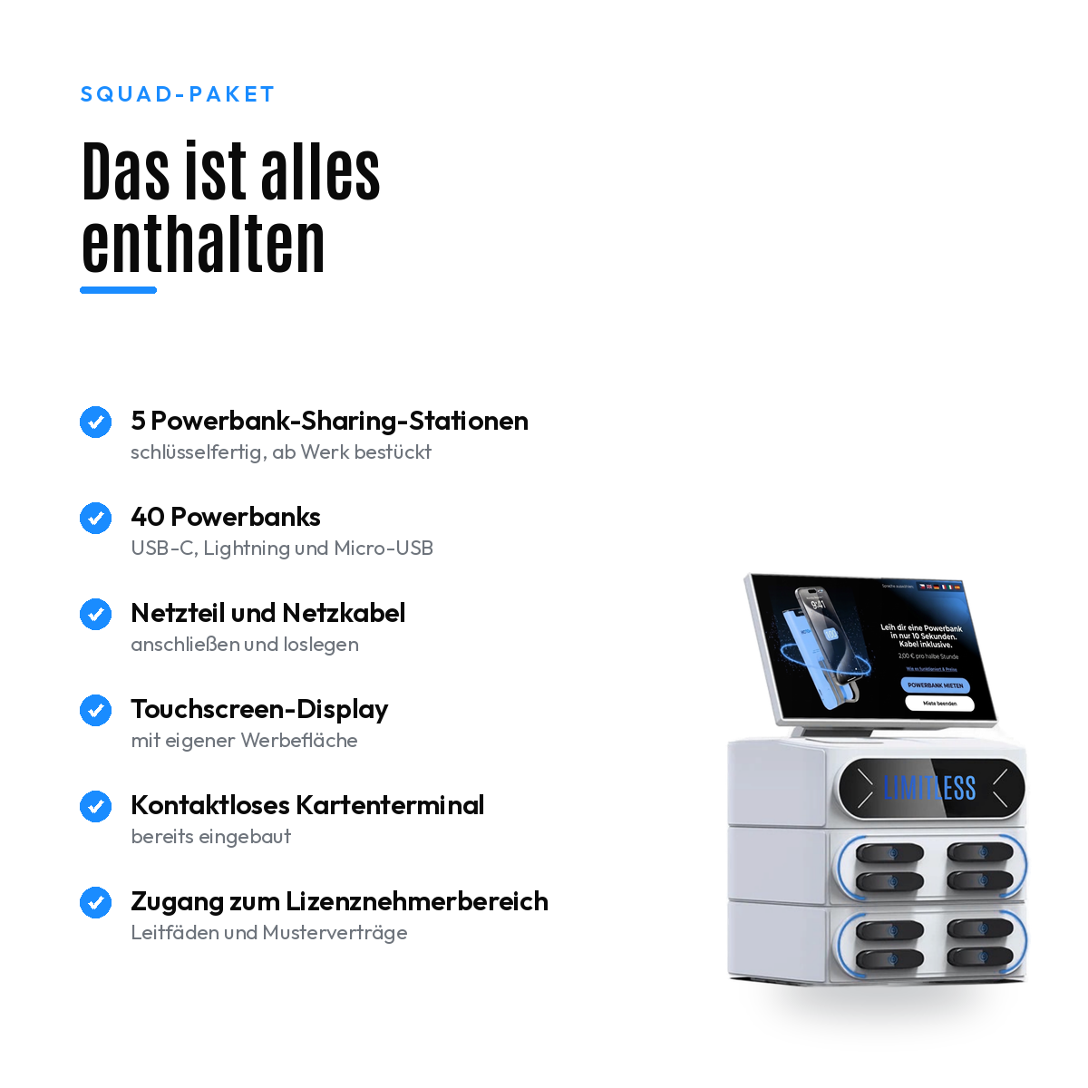 Lieferumfang des Squad-Pakets: Station, Powerbanks, Netzteil und Zugänge