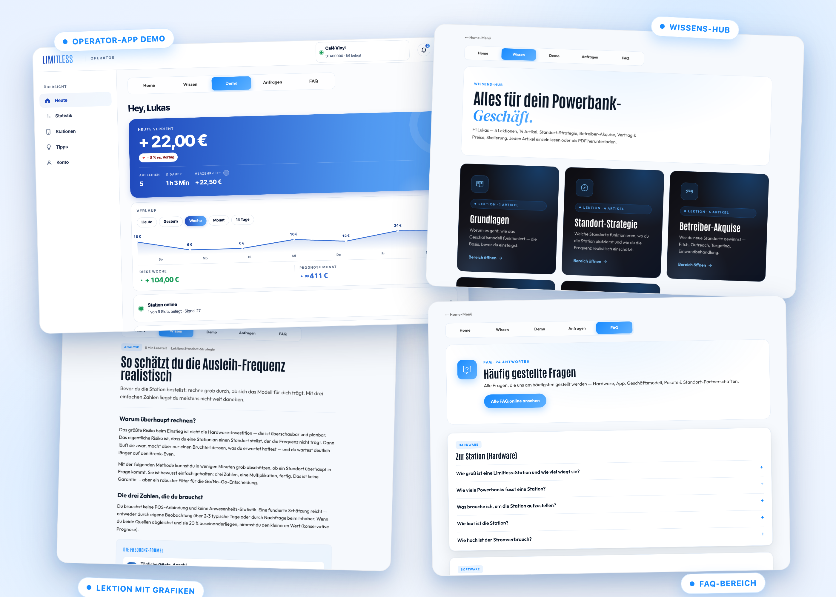 Vorschau des Wissens-Hubs: Operator-App-Demo, Lektionen-Übersicht, Artikel mit Grafiken und FAQ